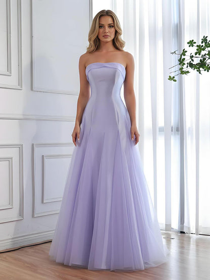 Luxury Lilac Strapless A-Line Tulle Evening Dress LA73475