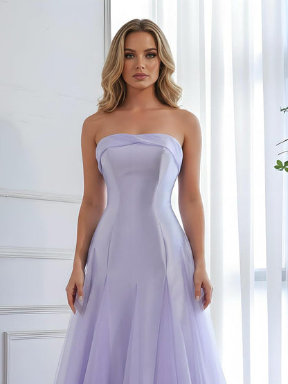 Luxury Lilac Strapless A-Line Tulle Evening Dress LA73475