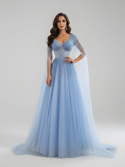 Luxury Caramel Beaded A-Line Evening Dress with Cape Sleeves LA73476