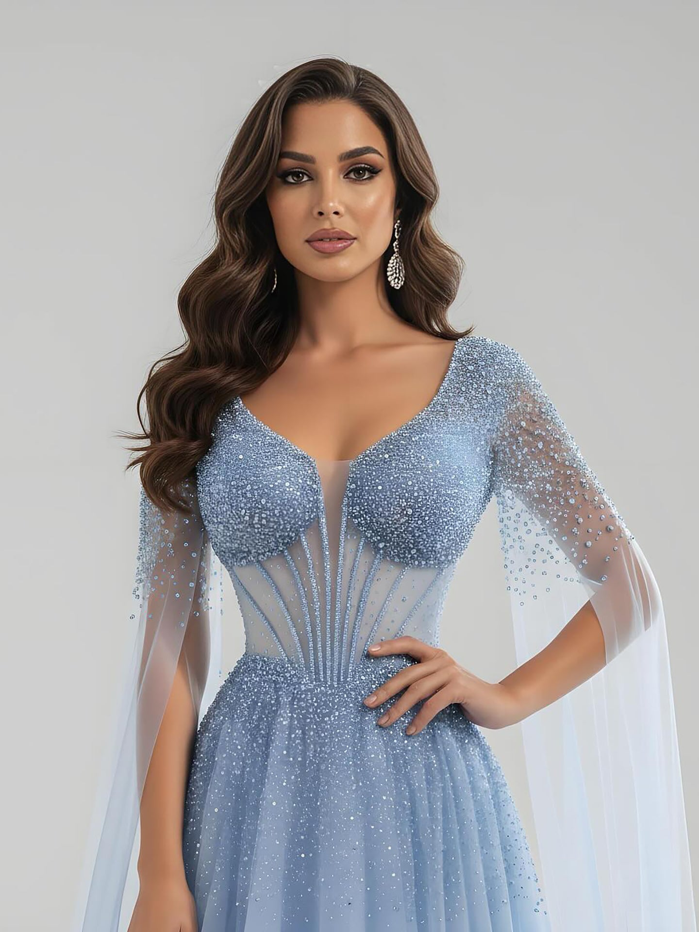 Luxury Caramel Beaded A-Line Evening Dress with Cape Sleeves LA73476