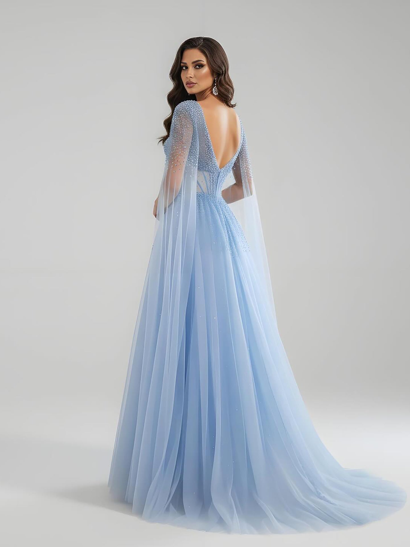 Luxury Caramel Beaded A-Line Evening Dress with Cape Sleeves LA73476