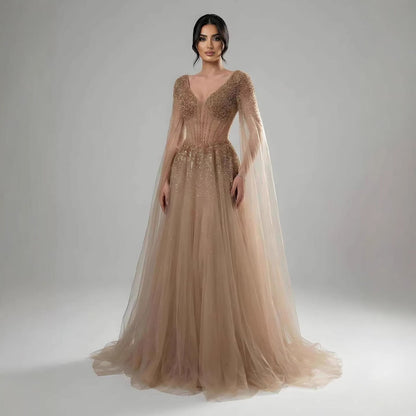 Luxury Caramel Beaded A-Line Evening Dress with Cape Sleeves LA73476