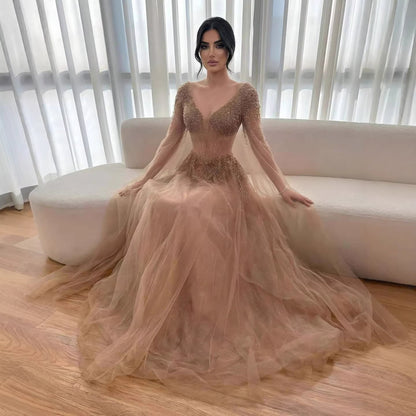 Luxury Caramel Beaded A-Line Evening Dress with Cape Sleeves LA73476