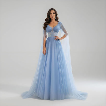 Luxury Caramel Beaded A-Line Evening Dress with Cape Sleeves LA73476