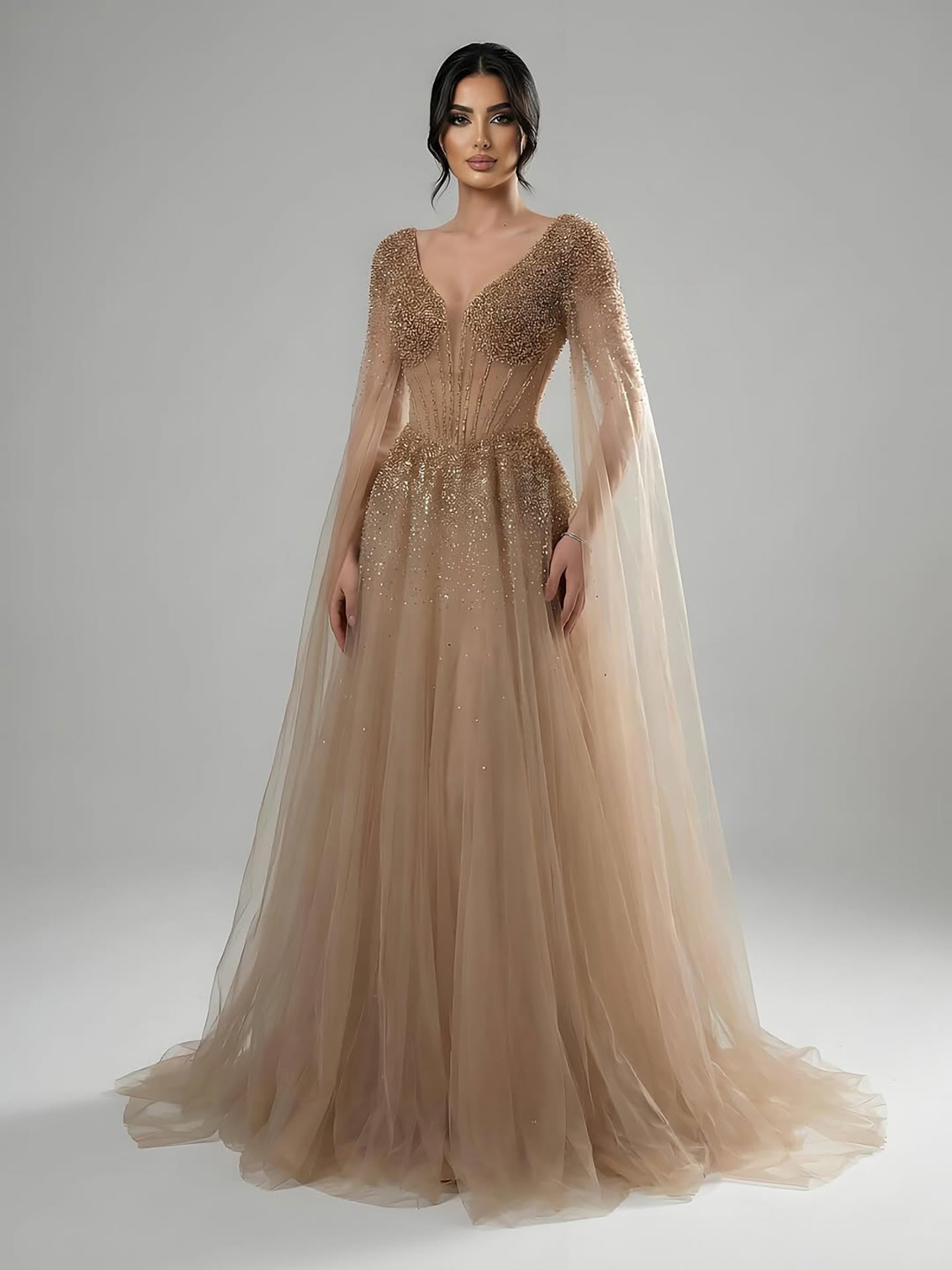 Luxury Caramel Beaded A-Line Evening Dress with Cape Sleeves LA73476