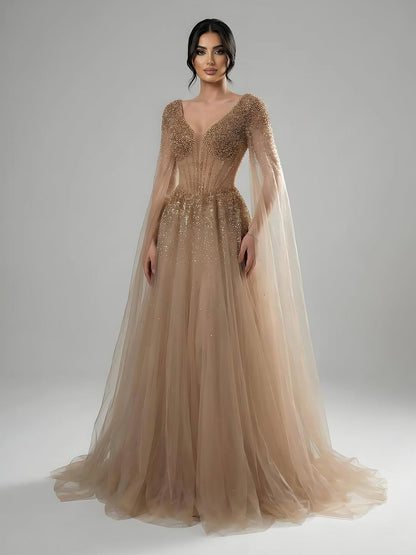Luxury Caramel Beaded A-Line Evening Dress with Cape Sleeves LA73476
