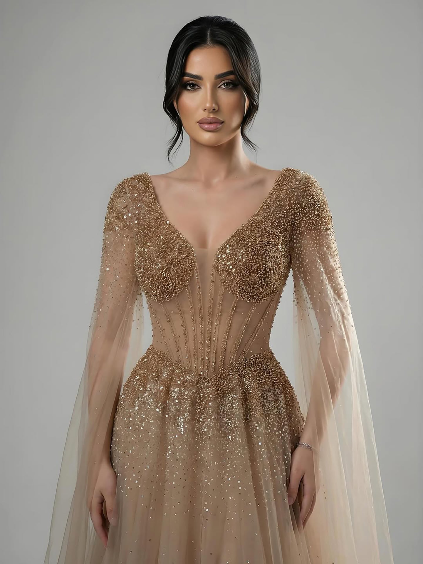 Luxury Caramel Beaded A-Line Evening Dress with Cape Sleeves LA73476
