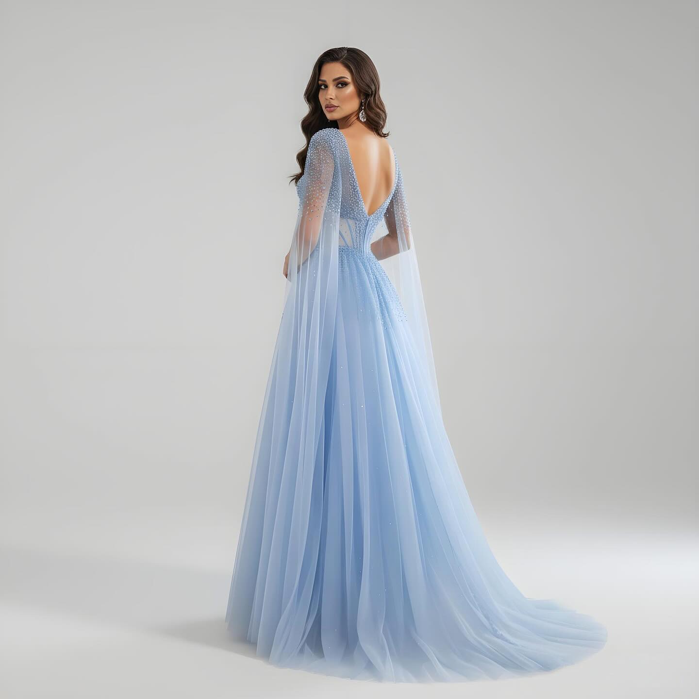 Luxury Caramel Beaded A-Line Evening Dress with Cape Sleeves LA73476