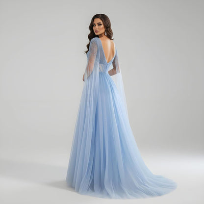 Luxury Caramel Beaded A-Line Evening Dress with Cape Sleeves LA73476