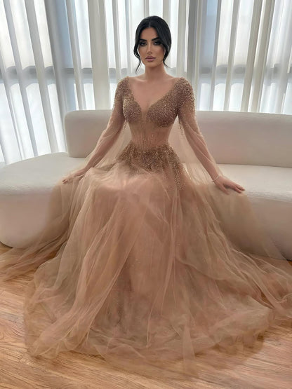 Luxury Caramel Beaded A-Line Evening Dress with Cape Sleeves LA73476