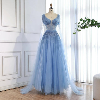 Luxury Caramel Beaded A-Line Evening Dress with Cape Sleeves LA73476