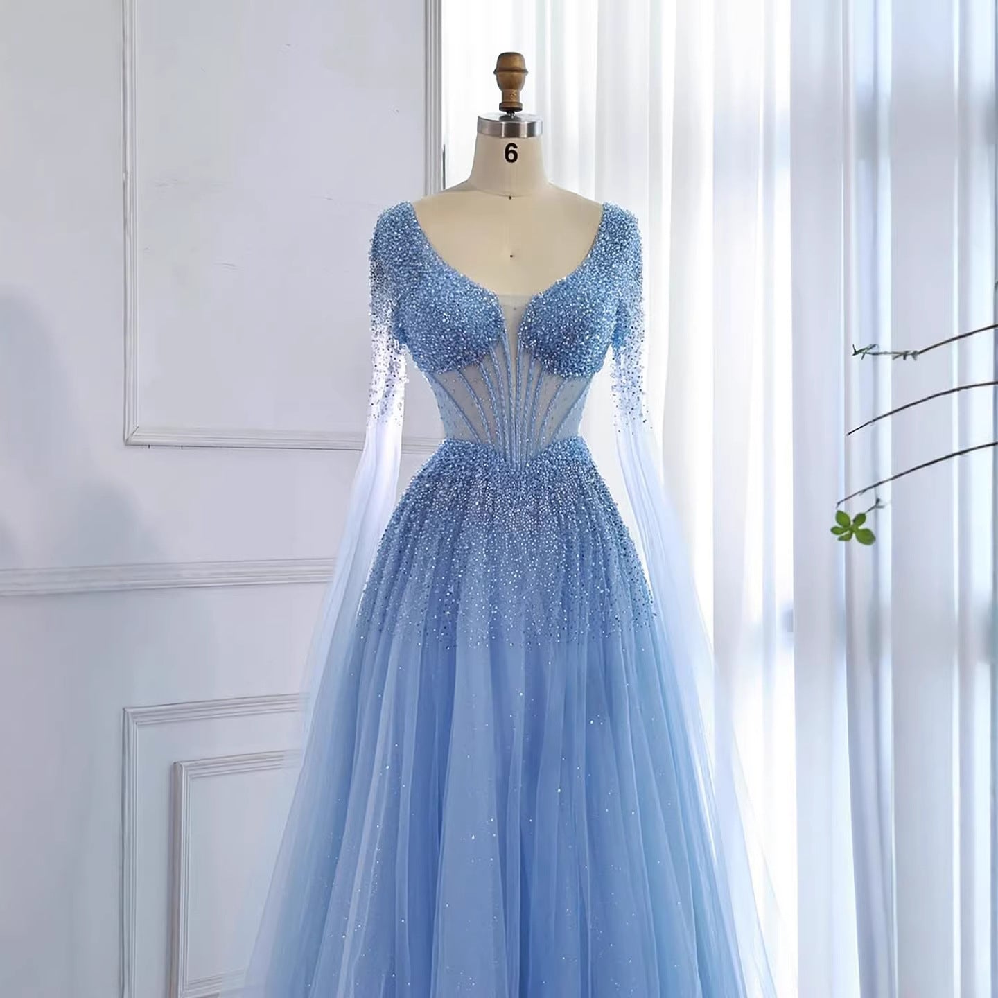 Luxury Caramel Beaded A-Line Evening Dress with Cape Sleeves LA73476