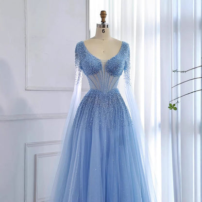 Luxury Caramel Beaded A-Line Evening Dress with Cape Sleeves LA73476