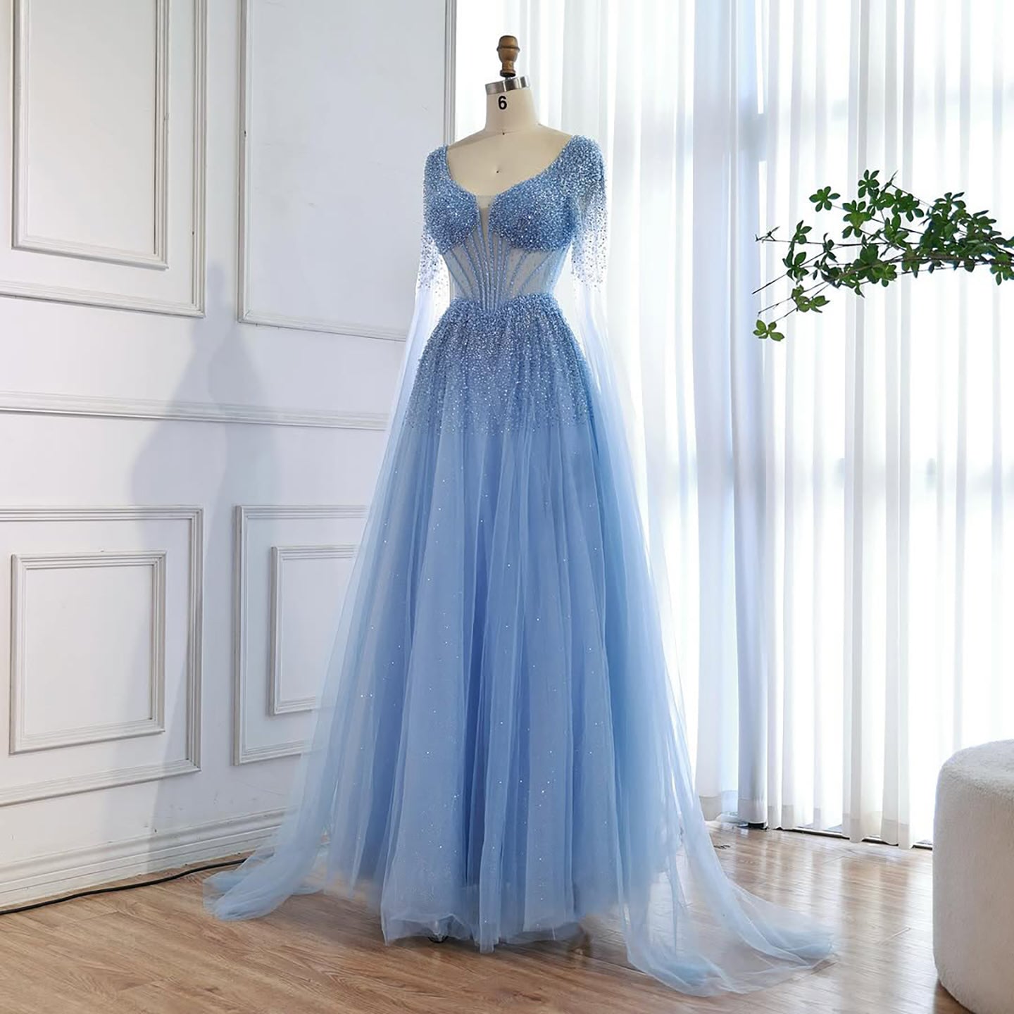 Luxury Caramel Beaded A-Line Evening Dress with Cape Sleeves LA73476