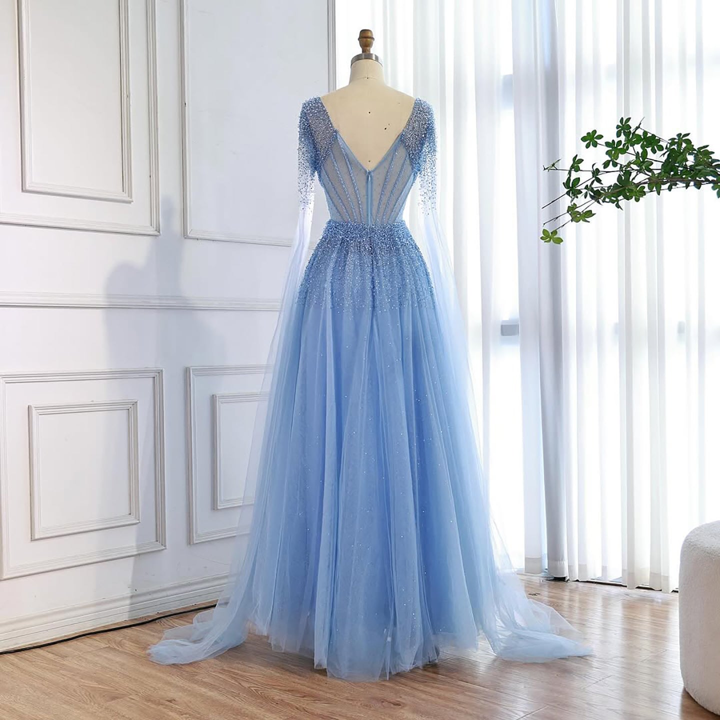 Luxury Caramel Beaded A-Line Evening Dress with Cape Sleeves LA73476