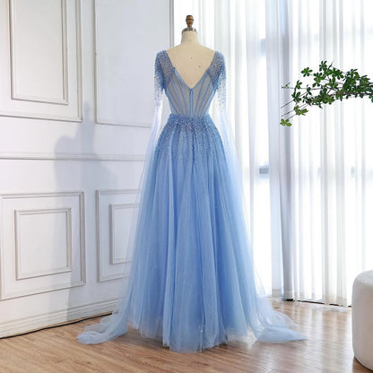 Luxury Caramel Beaded A-Line Evening Dress with Cape Sleeves LA73476