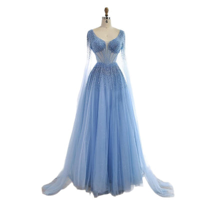 Luxury Caramel Beaded A-Line Evening Dress with Cape Sleeves LA73476