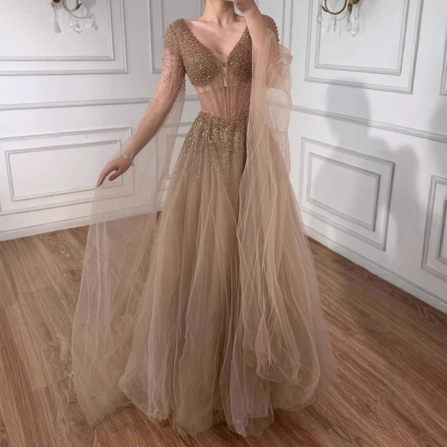 Luxury Caramel Beaded A-Line Evening Dress with Cape Sleeves LA73476