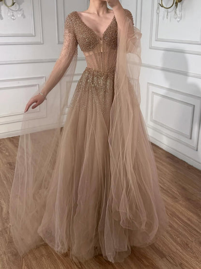 Luxury Caramel Beaded A-Line Evening Dress with Cape Sleeves LA73476