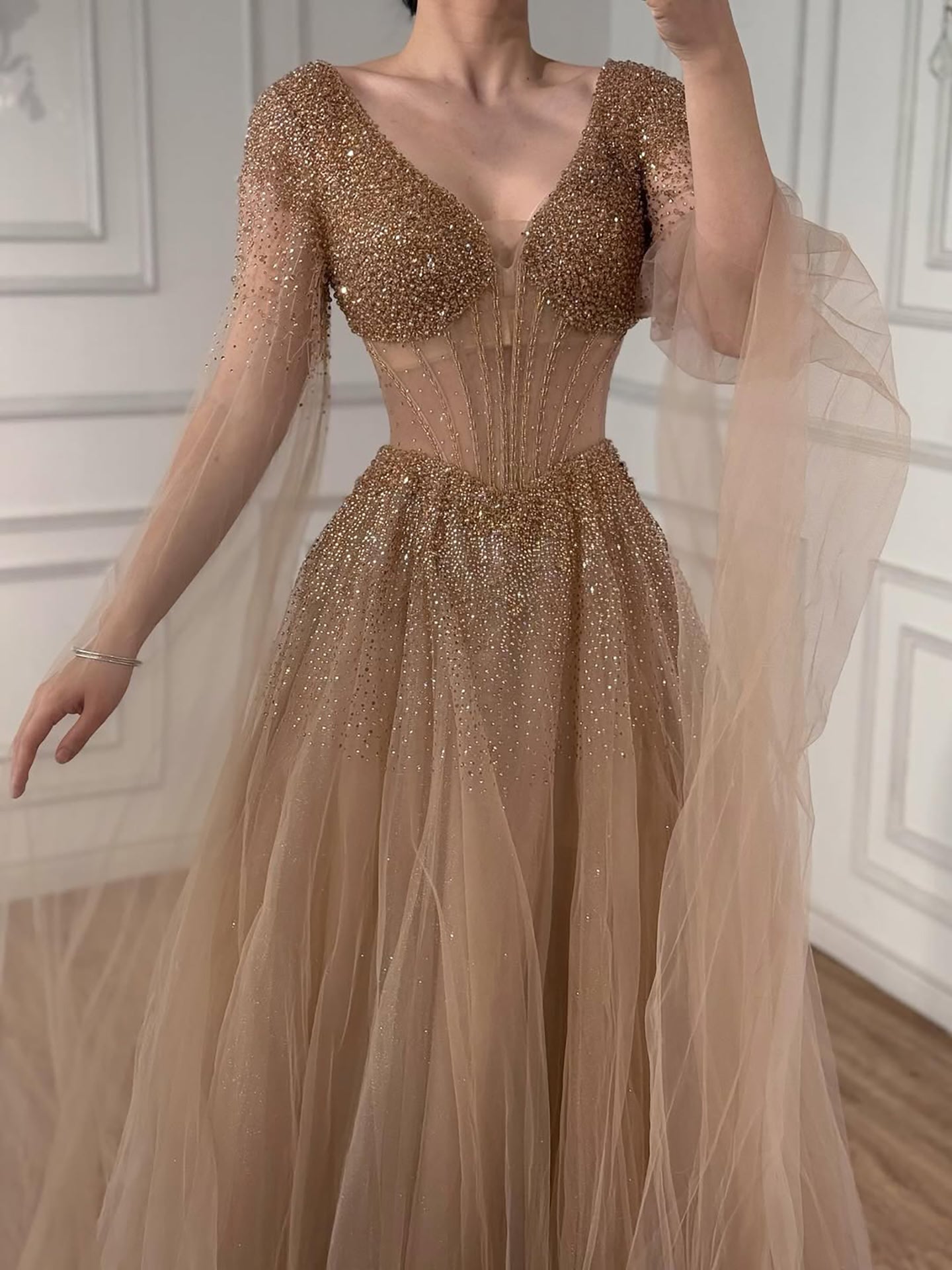 Luxury Caramel Beaded A-Line Evening Dress with Cape Sleeves LA73476