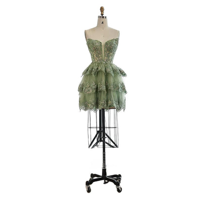 Luxury Sage Green Lace Strapless A-Line Short Homecoming Dress LA73477