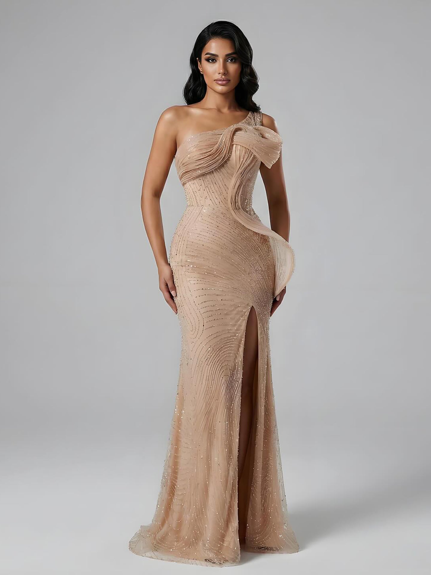 Luxury Nude One Shoulder Beaded Mermaid Evening Dress with Slit LA73478