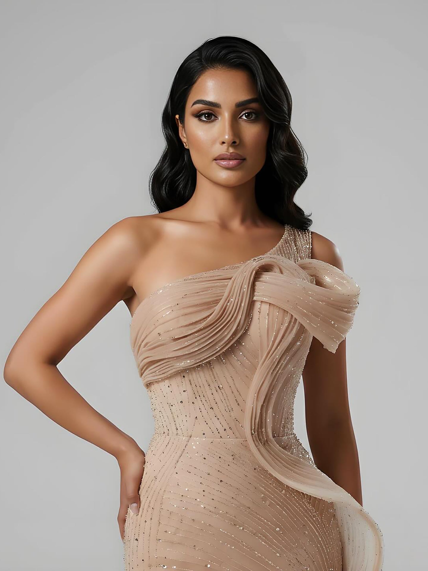 Luxury Nude One Shoulder Beaded Mermaid Evening Dress with Slit LA73478