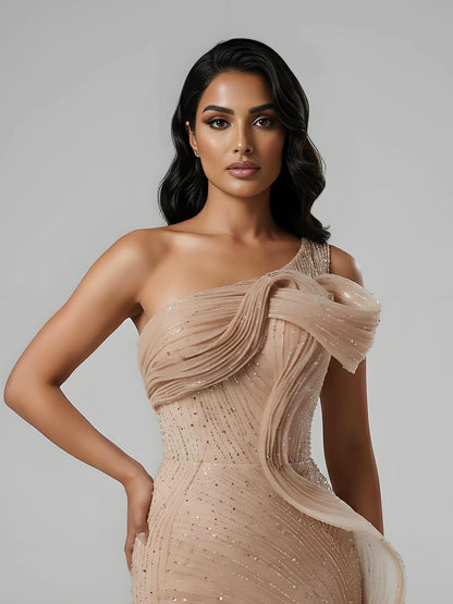 Luxury Nude One Shoulder Beaded Mermaid Evening Dress with Slit LA73478