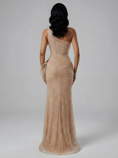 Luxury Nude One Shoulder Beaded Mermaid Evening Dress with Slit LA73478