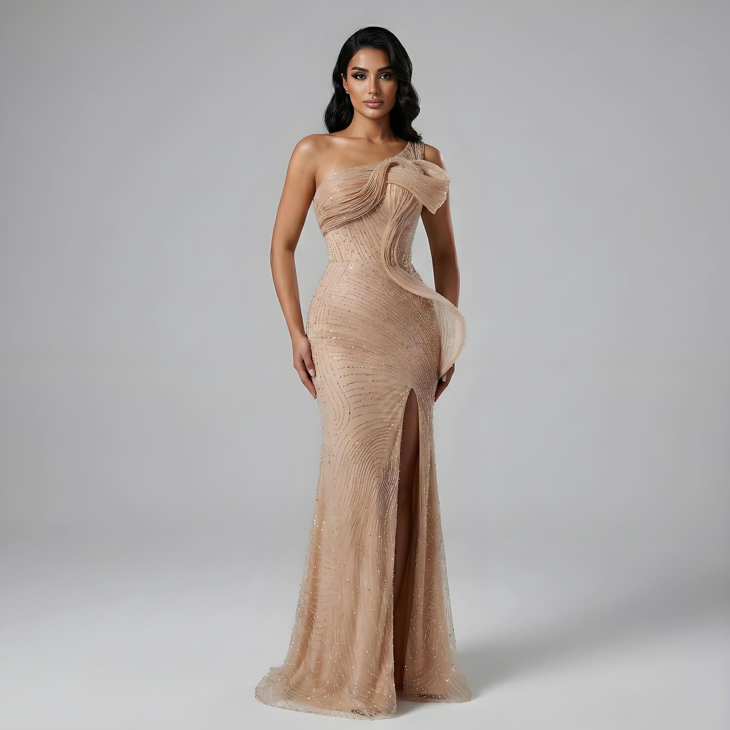 Luxury Nude One Shoulder Beaded Mermaid Evening Dress with Slit LA73478