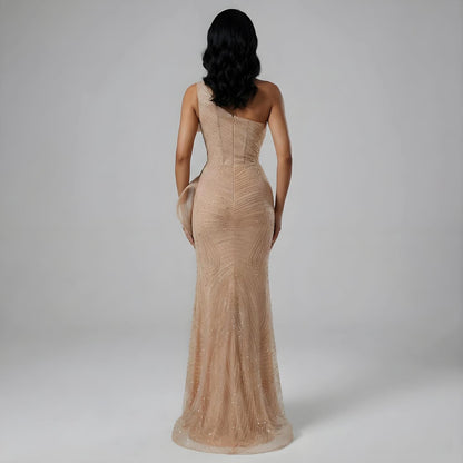 Luxury Nude One Shoulder Beaded Mermaid Evening Dress with Slit LA73478