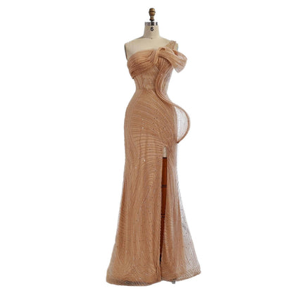 Luxury Nude One Shoulder Beaded Mermaid Evening Dress with Slit LA73478