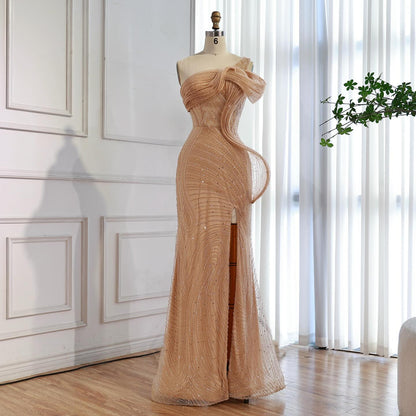 Luxury Nude One Shoulder Beaded Mermaid Evening Dress with Slit LA73478