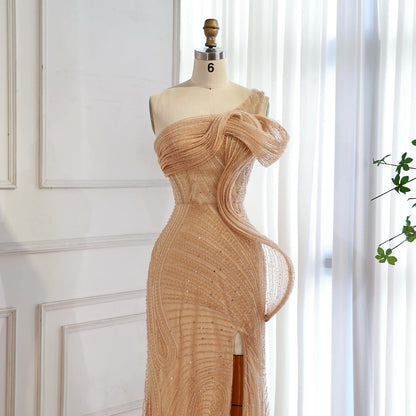 Luxury Nude One Shoulder Beaded Mermaid Evening Dress with Slit LA73478