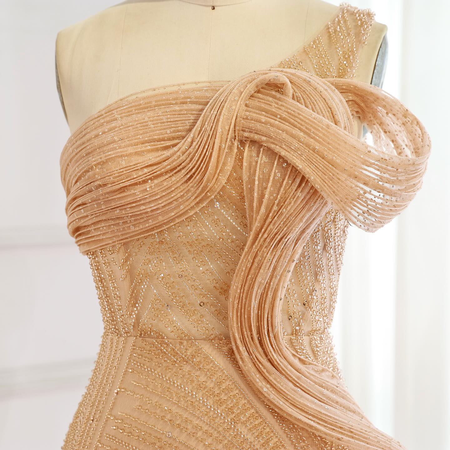 Luxury Nude One Shoulder Beaded Mermaid Evening Dress with Slit LA73478