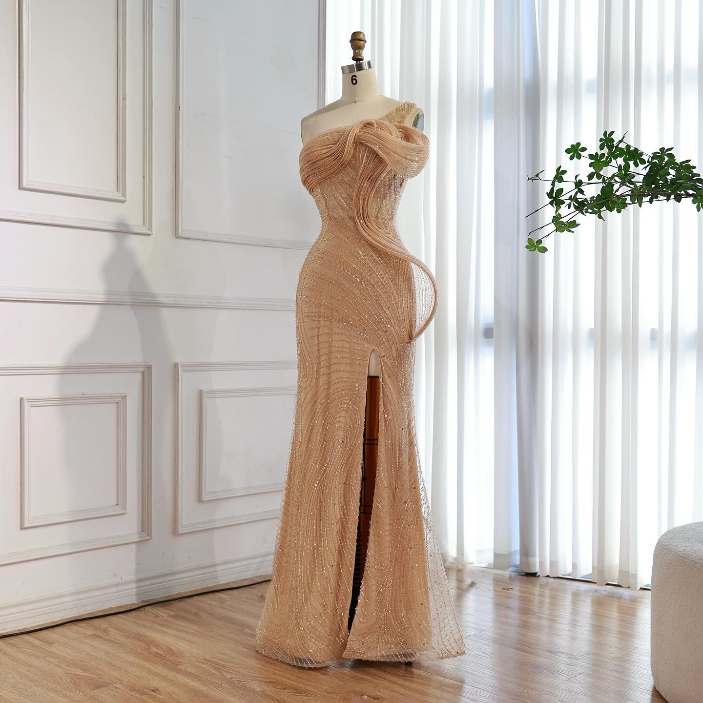 Luxury Nude One Shoulder Beaded Mermaid Evening Dress with Slit LA73478