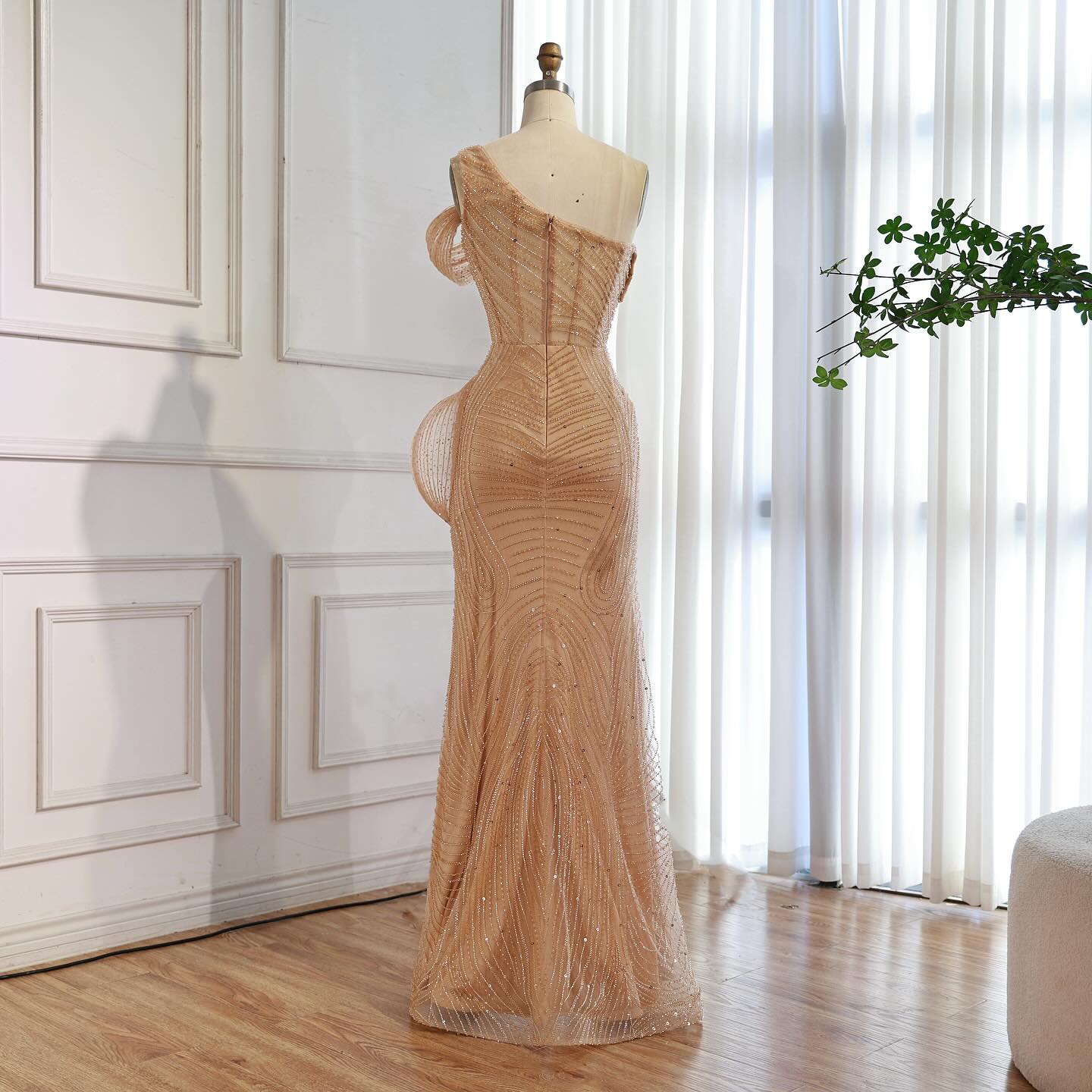 Luxury Nude One Shoulder Beaded Mermaid Evening Dress with Slit LA73478