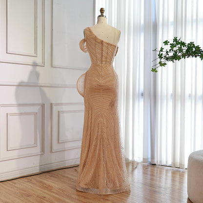 Luxury Nude One Shoulder Beaded Mermaid Evening Dress with Slit LA73478