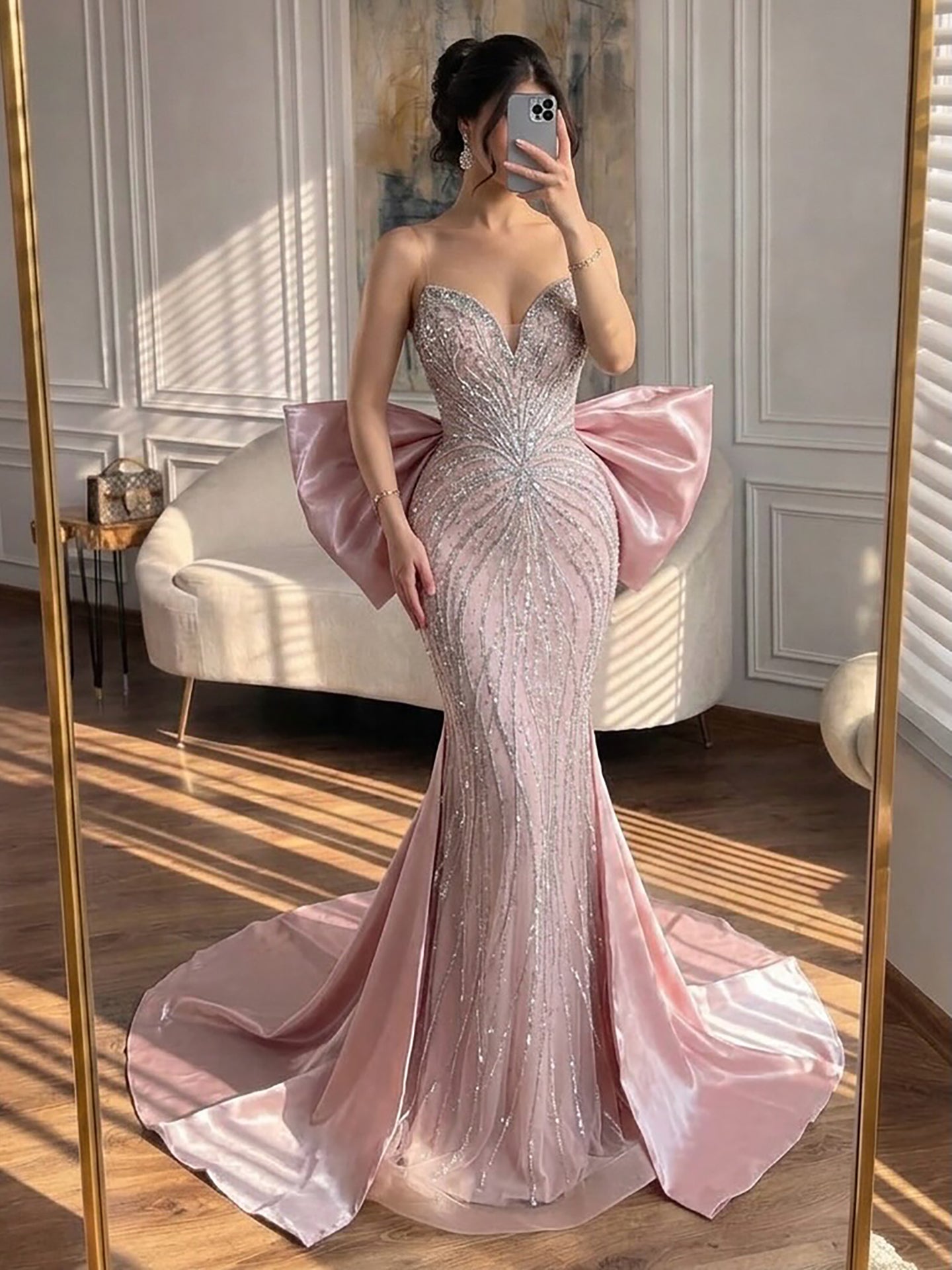 Luxury Pink Crystal Beaded Mermaid Evening Dress LA73479