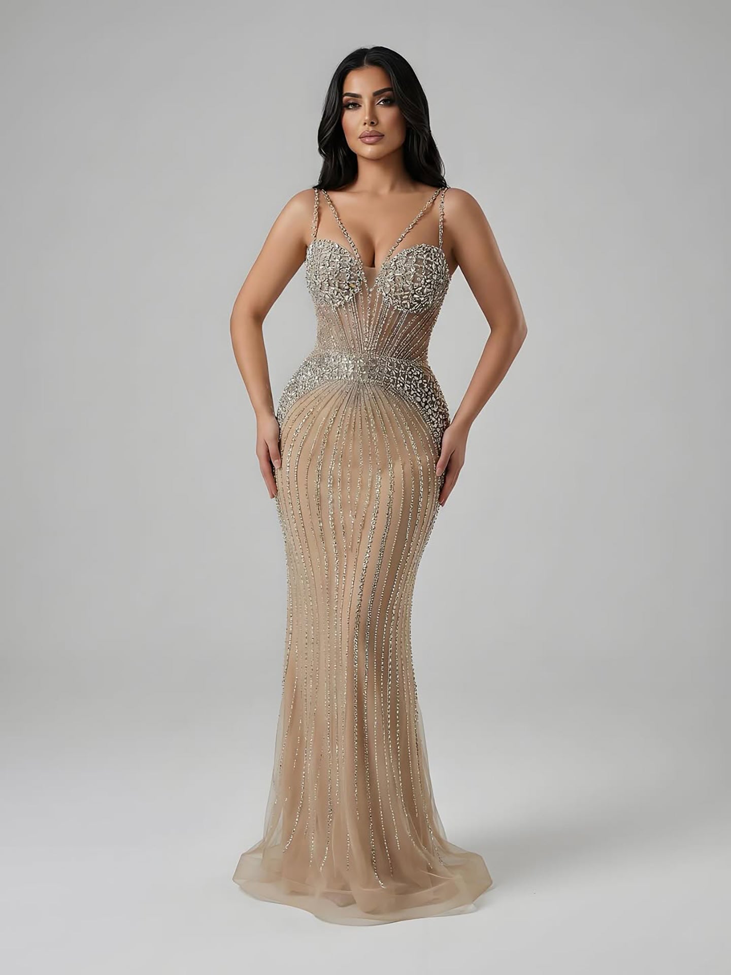 Luxury Purple Spaghetti Strap Beaded Mermaid Evening Dress LA73480