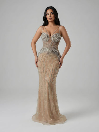 Luxury Purple Spaghetti Strap Beaded Mermaid Evening Dress LA73480