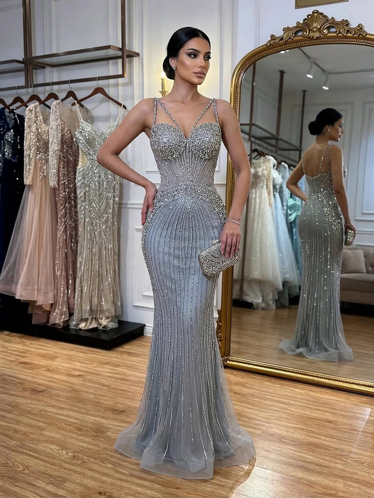 Luxury Purple Spaghetti Strap Beaded Mermaid Evening Dress LA73480