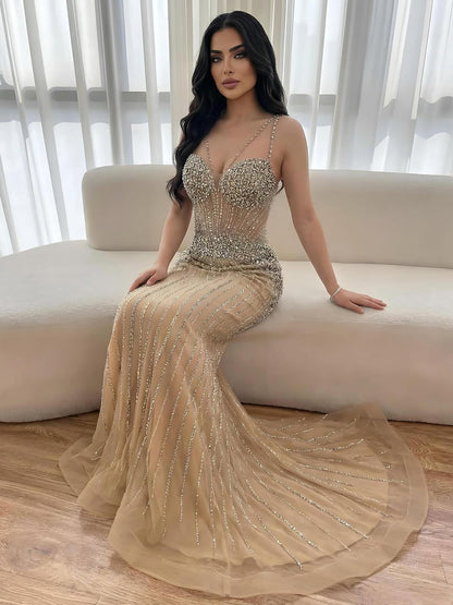 Luxury Purple Spaghetti Strap Beaded Mermaid Evening Dress LA73480