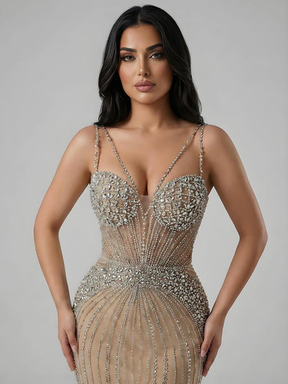 Luxury Purple Spaghetti Strap Beaded Mermaid Evening Dress LA73480