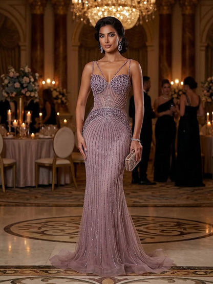 Luxury Purple Spaghetti Strap Beaded Mermaid Evening Dress LA73480