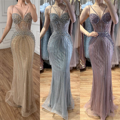 Luxury Purple Spaghetti Strap Beaded Mermaid Evening Dress LA73480