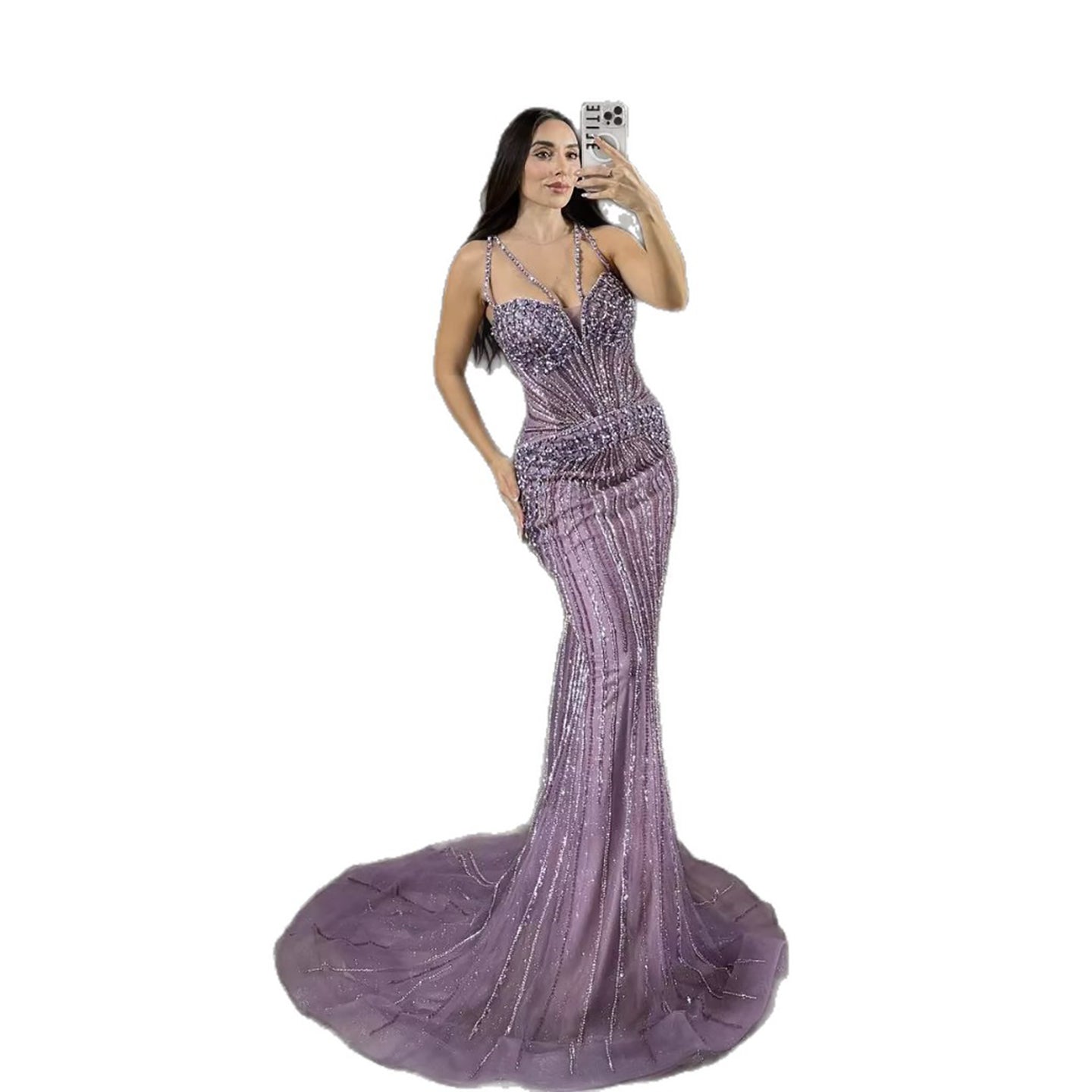 Luxury Purple Spaghetti Strap Beaded Mermaid Evening Dress LA73480