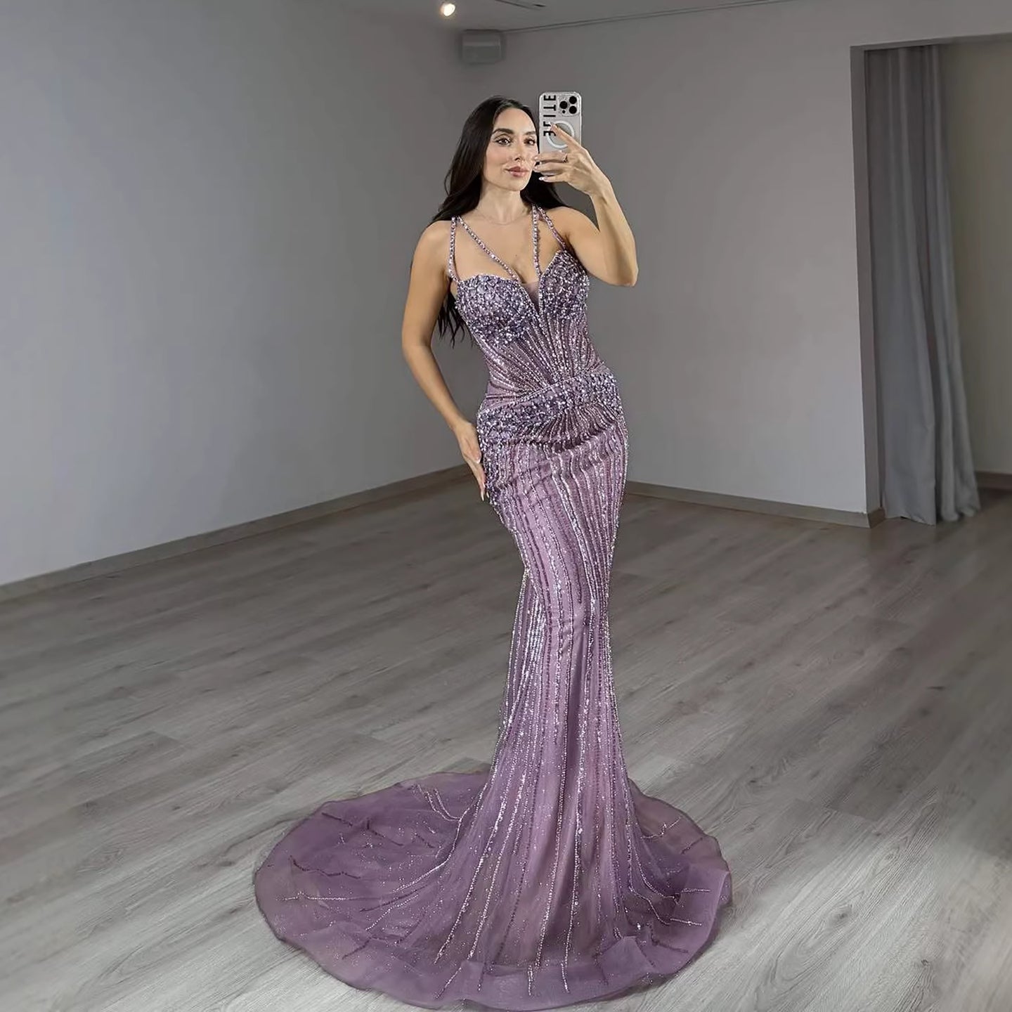 Luxury Purple Spaghetti Strap Beaded Mermaid Evening Dress LA73480