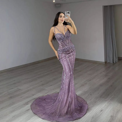 Luxury Purple Spaghetti Strap Beaded Mermaid Evening Dress LA73480
