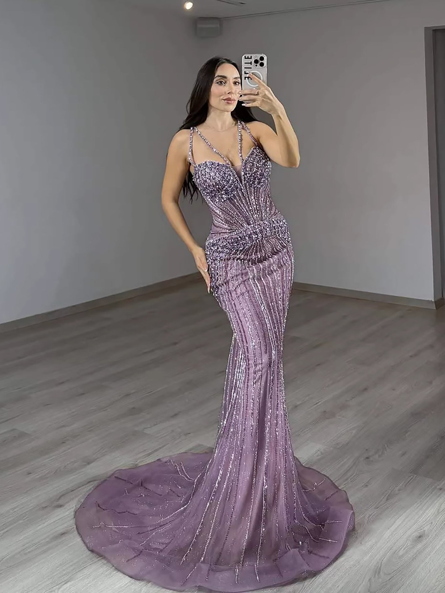 Luxury Purple Spaghetti Strap Beaded Mermaid Evening Dress LA73480